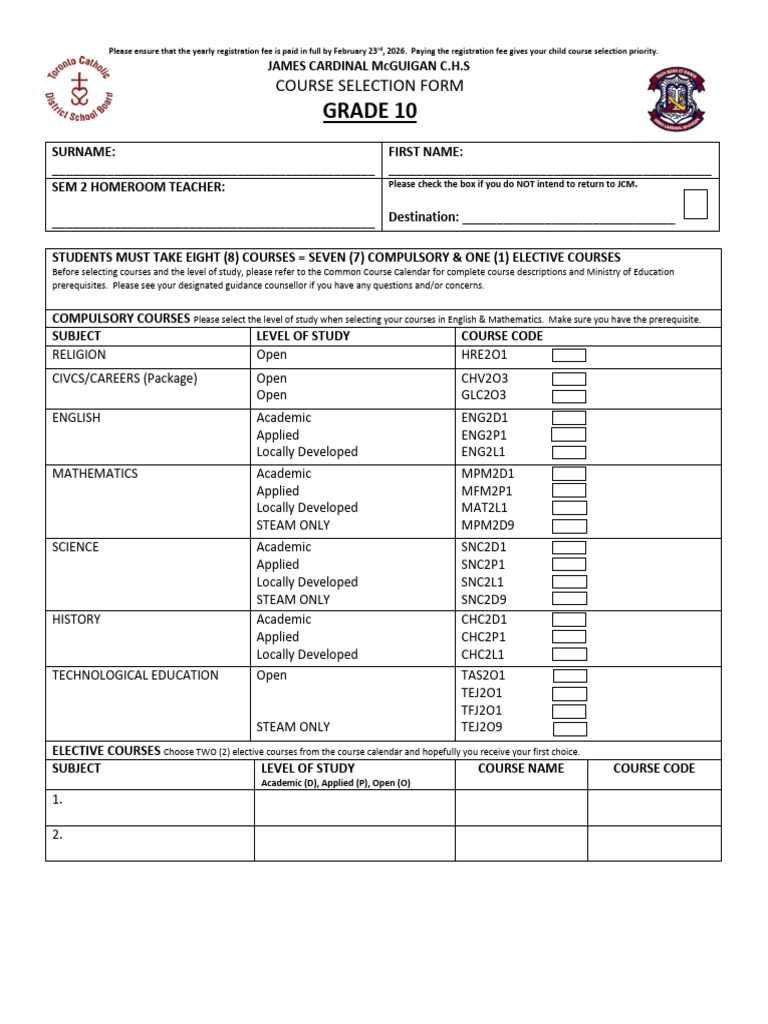 Gr.10 Course Selection Form | PDF