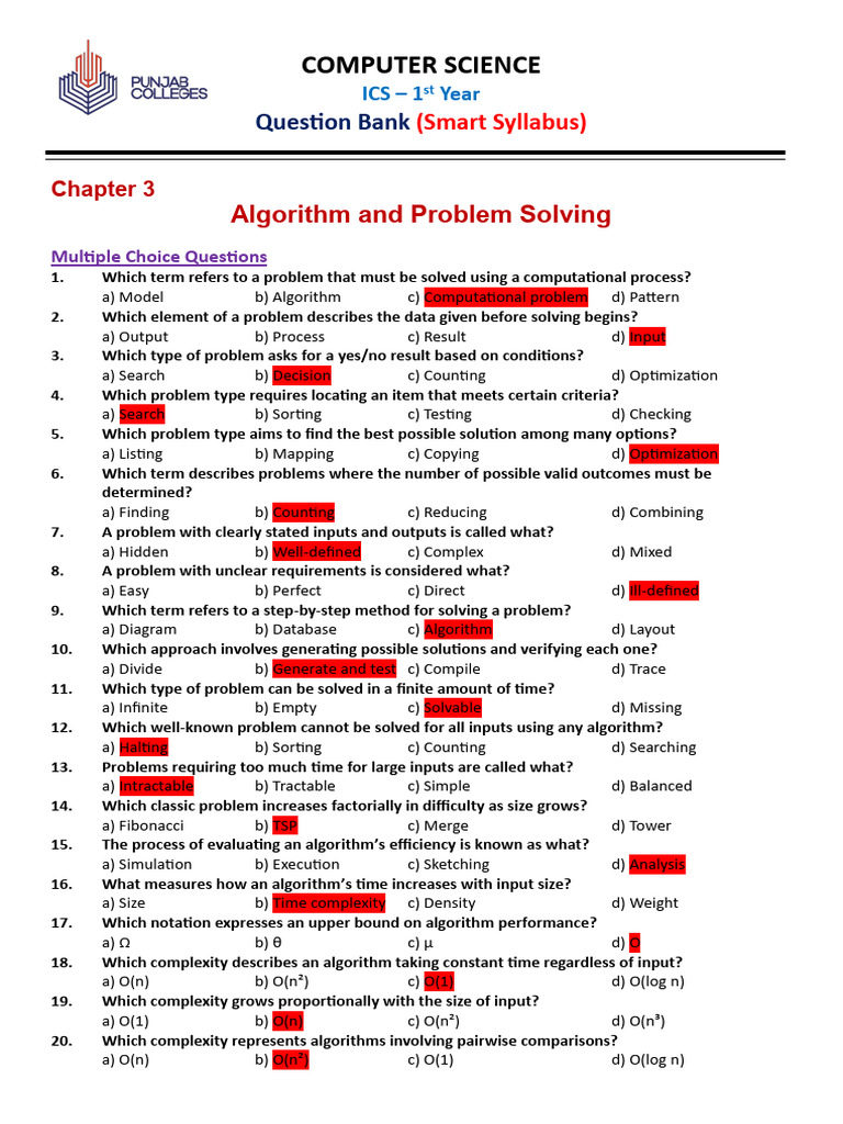 1st Year Computer Science Chap 3 Algorithm and Problem Solving QB | PDF ...