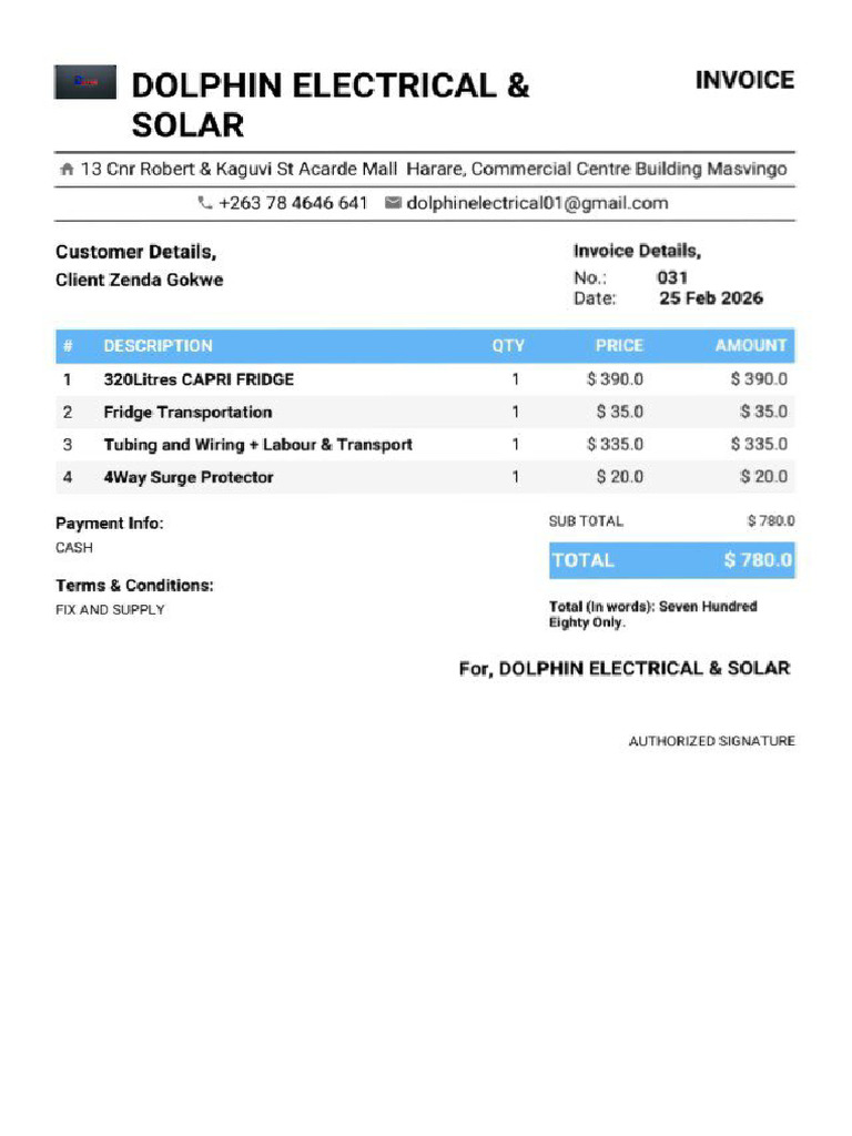 Invoice For Tubing and Wiring + 320l Fridge | PDF
