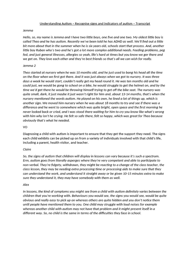 1.2 Recognise Signs and Indicators of Autism - Transcript | PDF ...