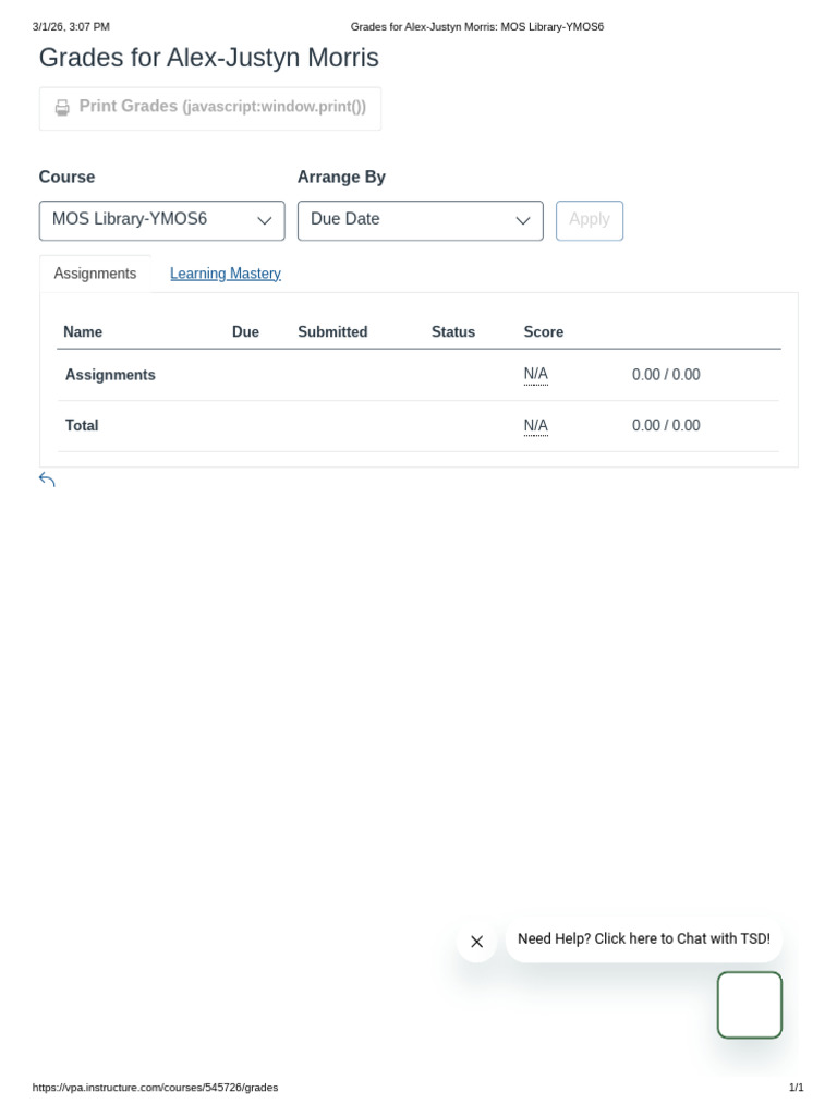 Grades For Alex-Justyn Morris - MOS Library-YMOS6 | PDF