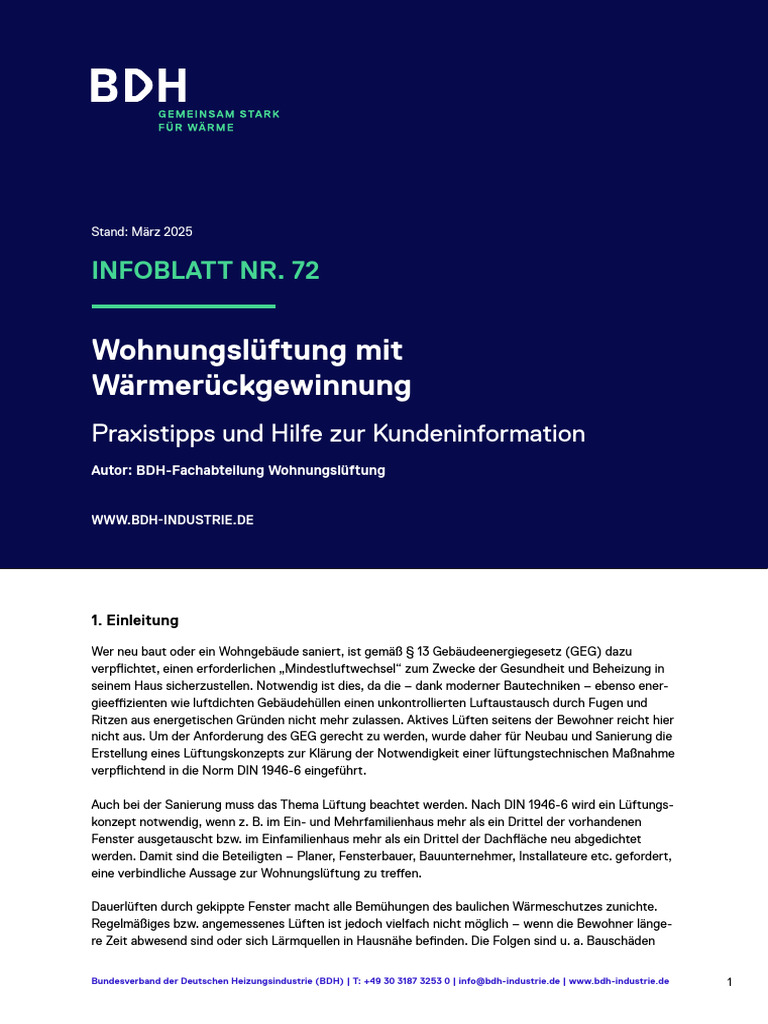Infoblatt NR 72 03-2025 Wohnungslueftung Mit WRG | PDF
