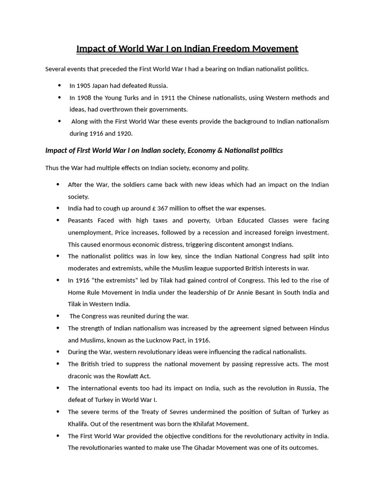 Impact of World War I On Indian Freedom Movement | PDF | Mahatma Gandhi ...