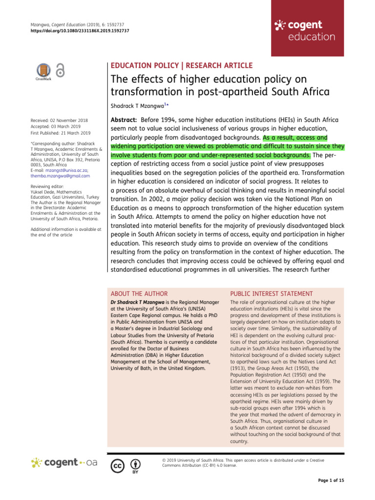 The Effects of Higher Education Policy On Transformation in Post ...