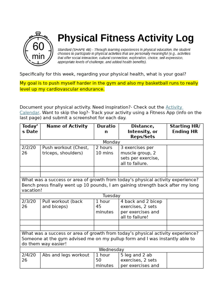 Physical Fitness Log | PDF | Endurance | Determinants Of Health
