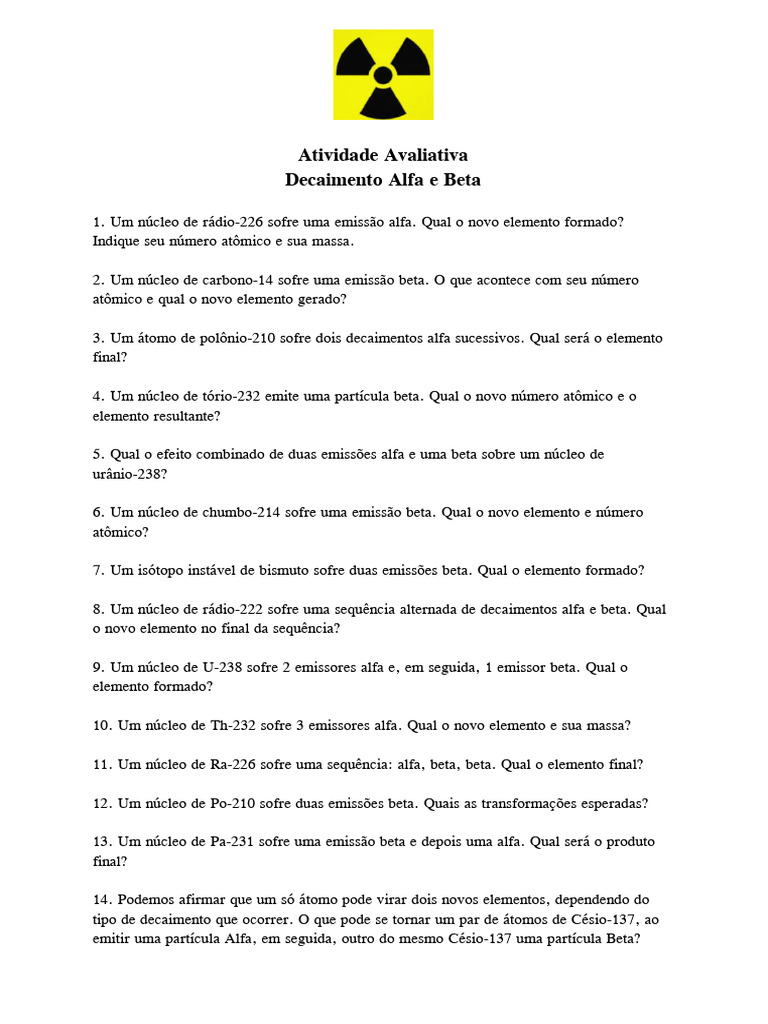 Atividade Avaliativa - Decaimento Alfa e Beta - Parte I | PDF