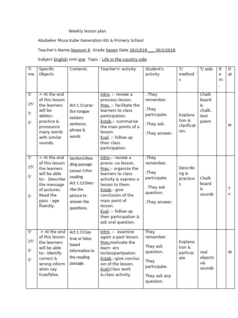 2018, Weekly Lesson Plan W-2 | PDF | Grammar | Linguistics