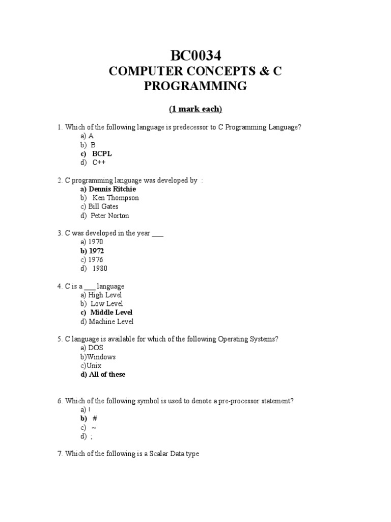 BC0034 Computer Concepts & C Programming Paper 1 | PDF | C (Programming ...