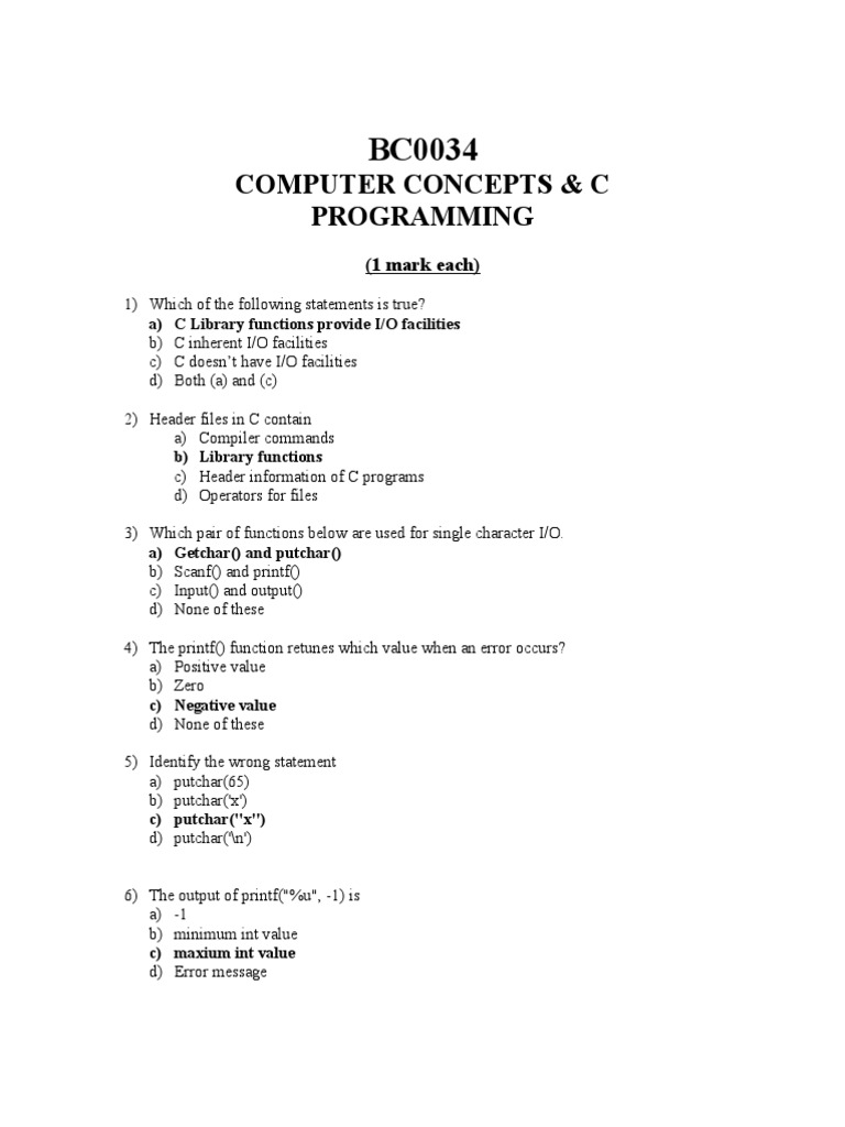 BC0034 COMPUTER CONCEPTS & C PROGRAMMING PAPER 2 | C (Programming ...