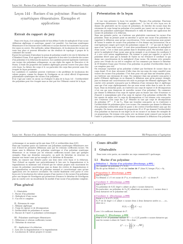 Leçon 144 Racines D'un Polynôme. Fonctions Symétriques Élémentaires — free download