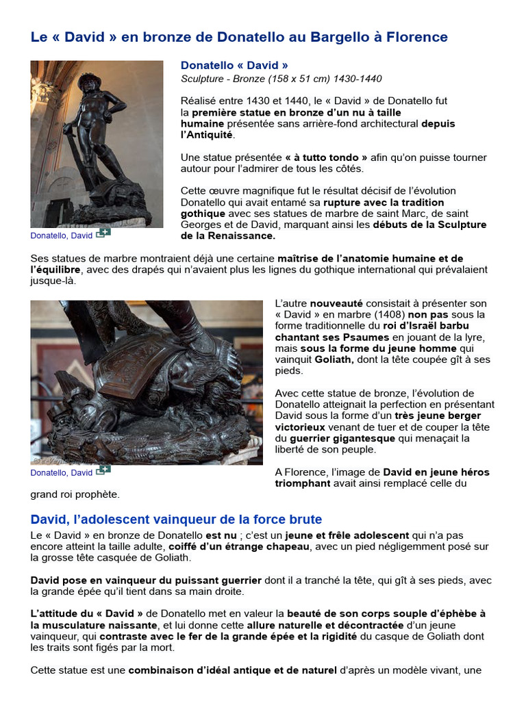 Le David en Bronze de Donatello, Musée Du Bargello Florence | PDF
