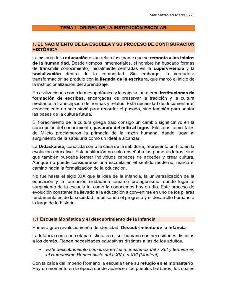 Apuntes Historia de La Escuela | PDF | Escuelas | Pedagogía