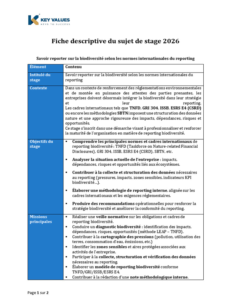 Fiche Descriptive Du Sujet de Stage 2026 | PDF | Biodiversité ...