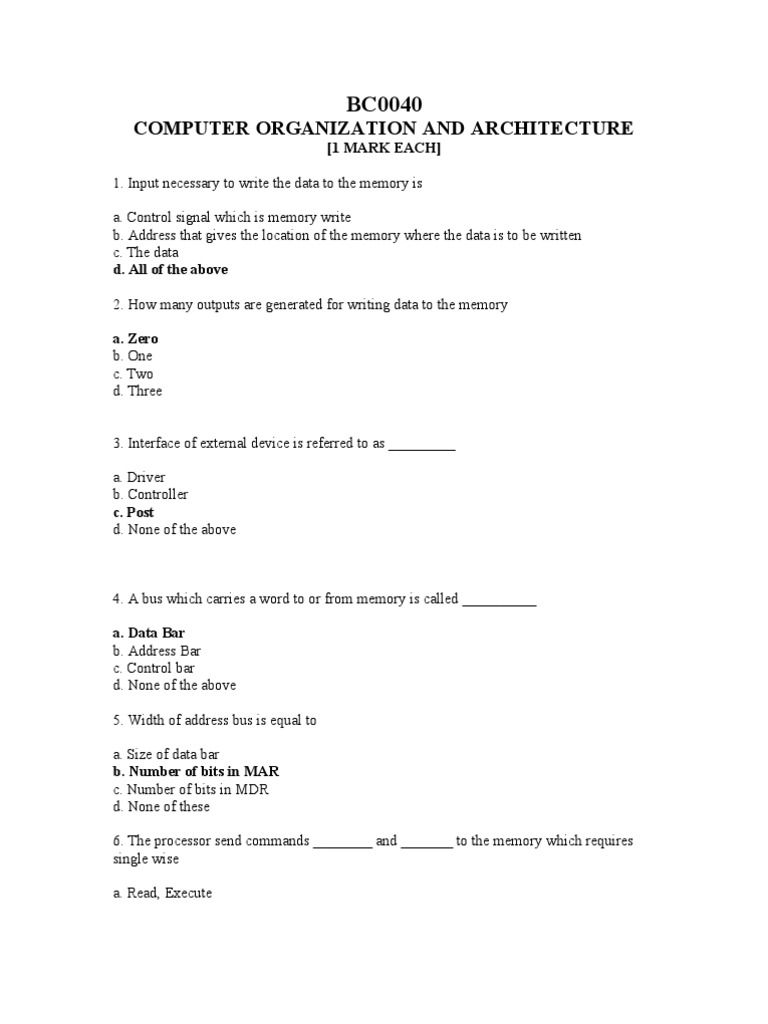 BC0040 Computer Architecture Quiz | PDF | Dynamic Random Access Memory ...