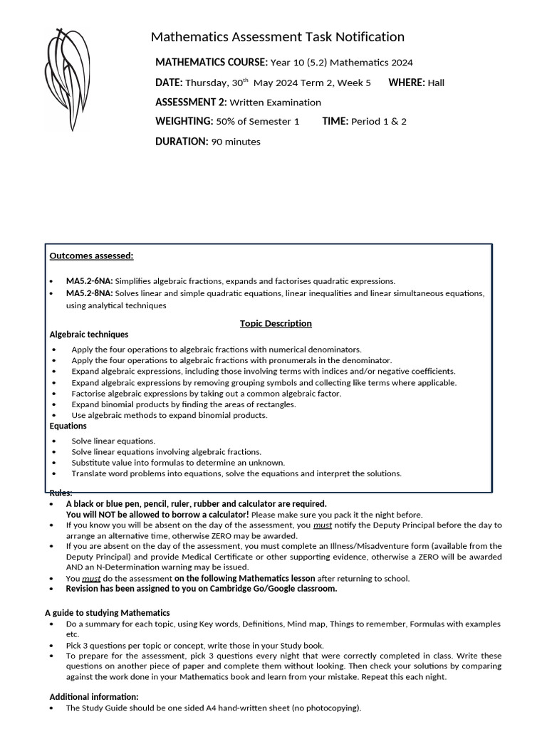 2024 T2 Year 10 Exam Notification | PDF | Equations | Algebra
