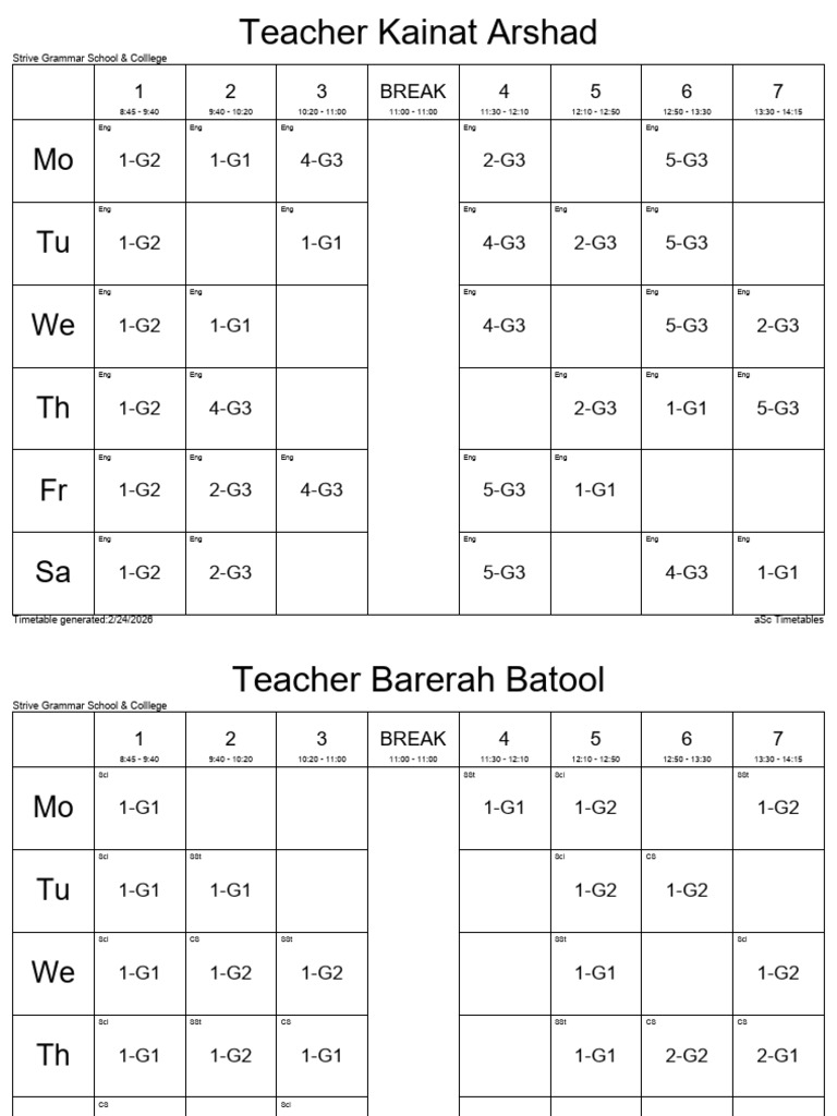 Timetable For Teachers (2026-27) | PDF