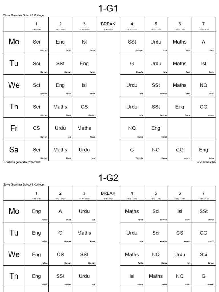 Timetable For Classes (2026-27) | PDF | Urdu