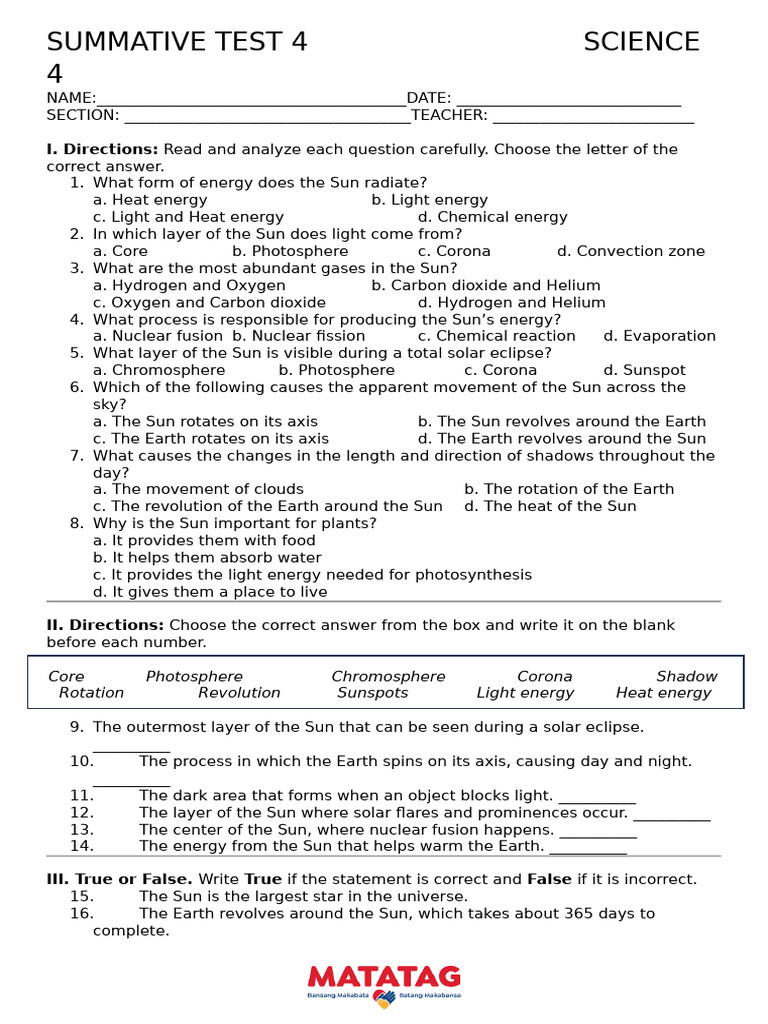 Science 4 Summative 04 | PDF | Sun | Physical Sciences