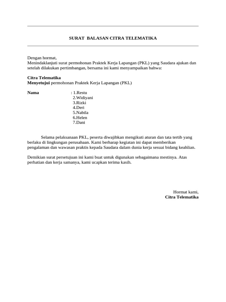 Surat Balasan PKL | PDF