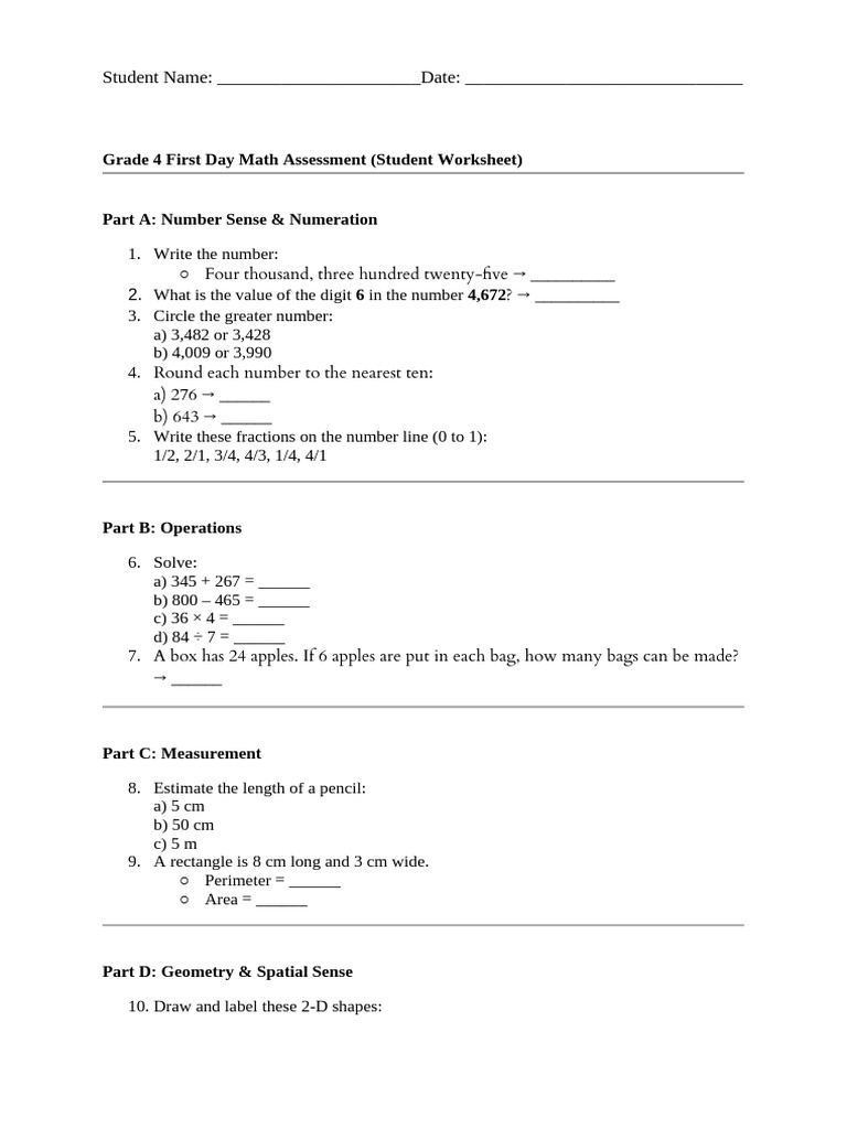 Grade 4 First Day Math Assessment (Student Worksheet) | PDF