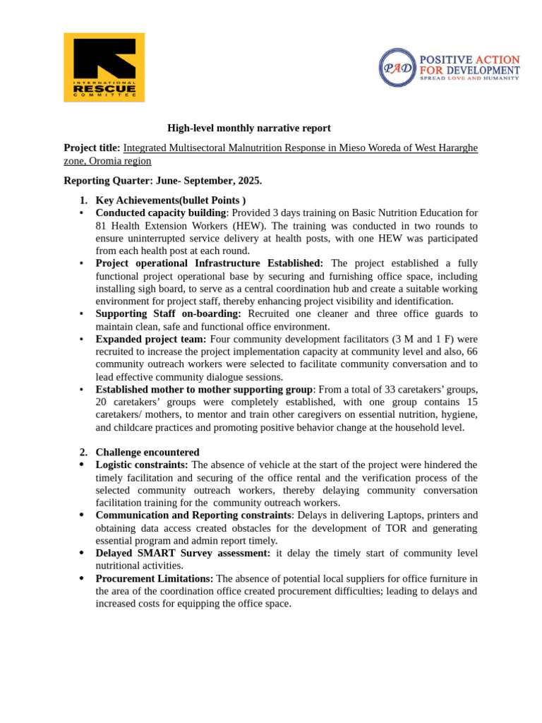 High Level Quarterly Narrative Report IRC Mieso | PDF | Supply Chain