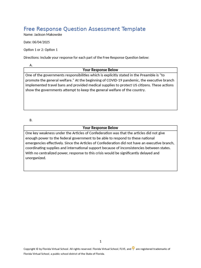 Free Response Question Template | PDF