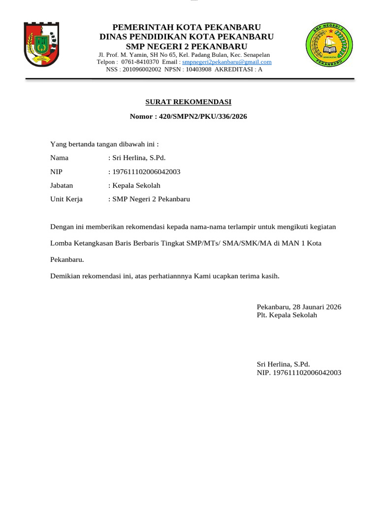 Surat Rekom Sekolah MAN 1 | PDF