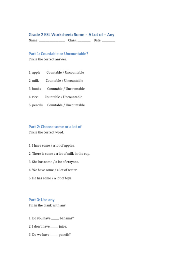 Grade 2 ESL Worksheet Some A Lot of Any | PDF