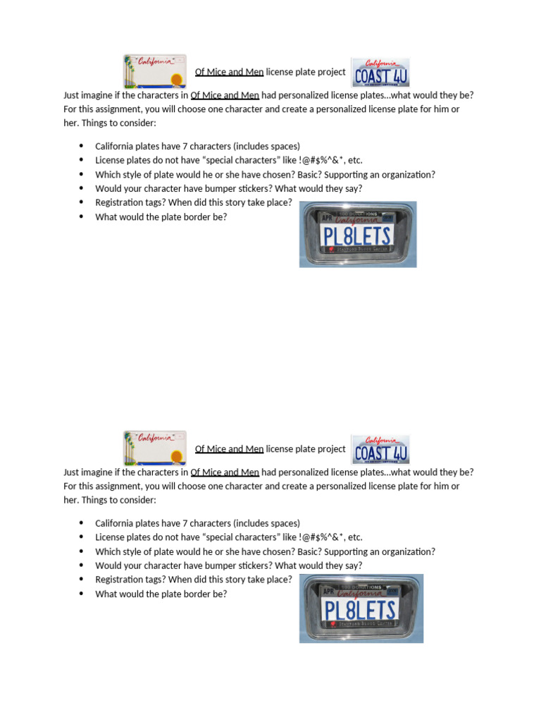 Of Mice and Men License Plate Project | PDF