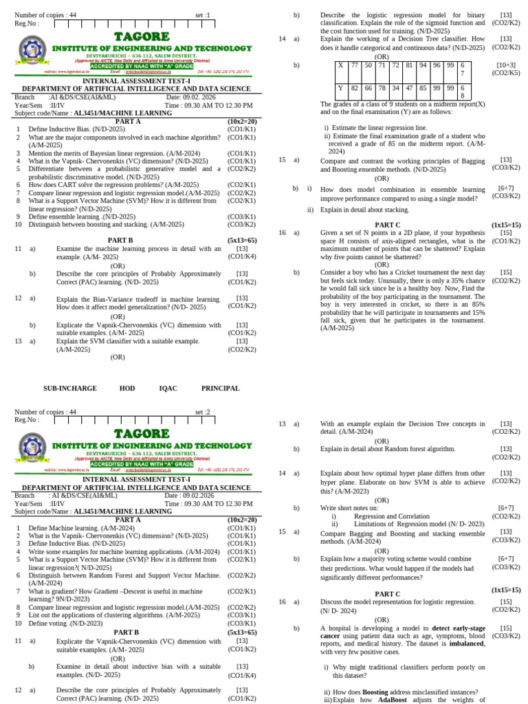 ML IAT 1 QP Set 1, Set2 | PDF | Machine Learning | Support Vector Machine