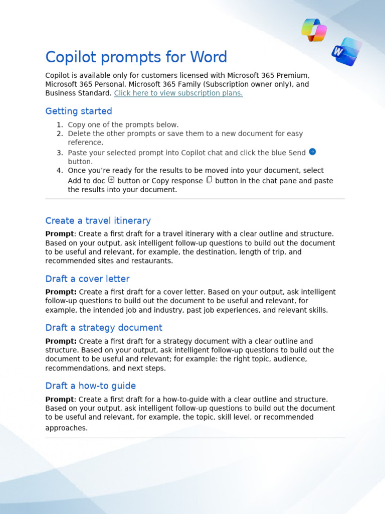 Copilot Prompts For Word: Getting Started | PDF