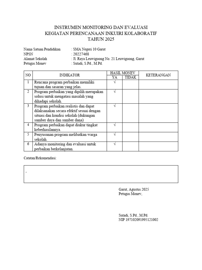 Instrumen Monitoring Dan Evaluasi | PDF
