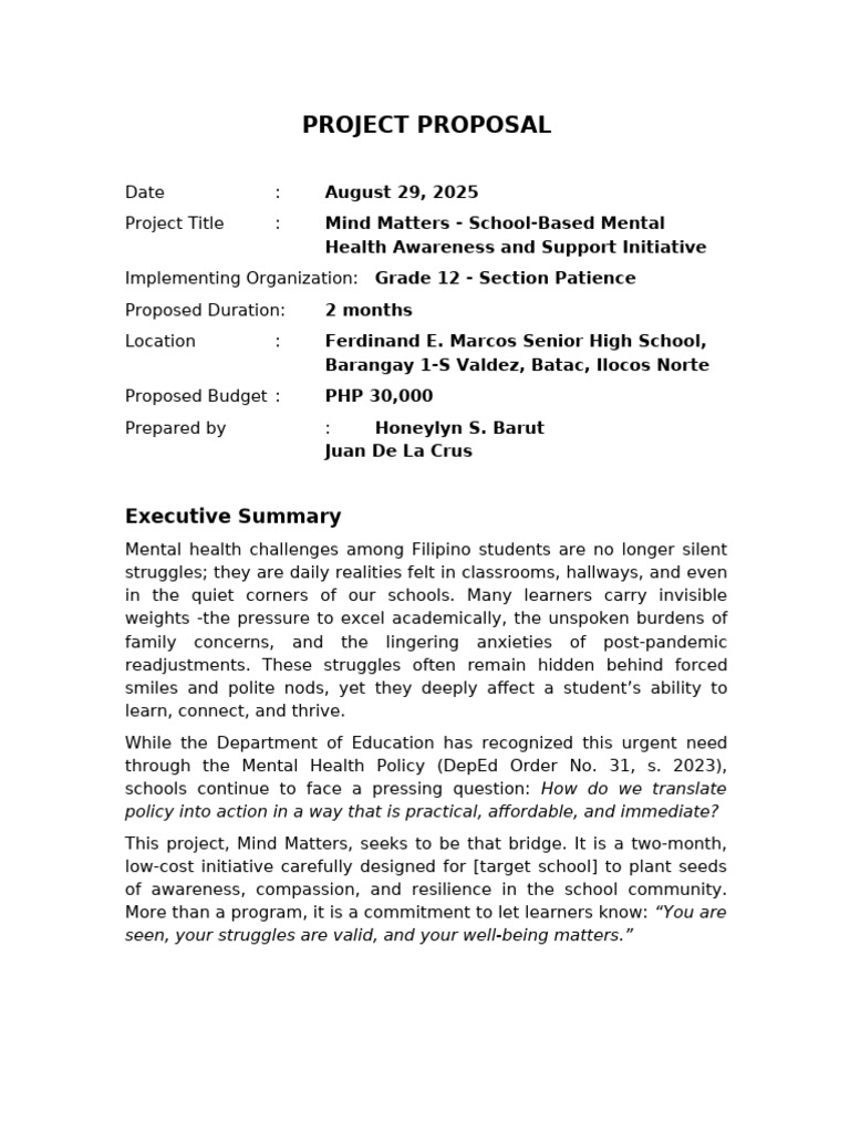Mind Matters School Mental Health Proposal | PDF | Mental Health ...
