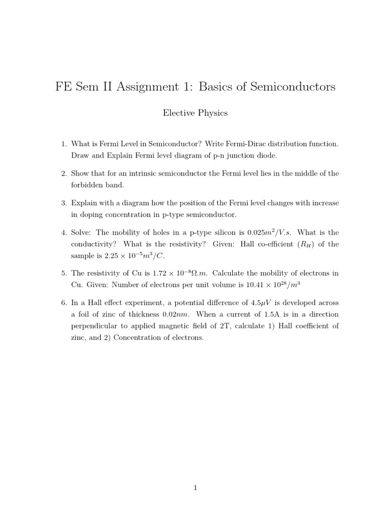 Sem2 Assignment1 Basics of Semiconductors | PDF