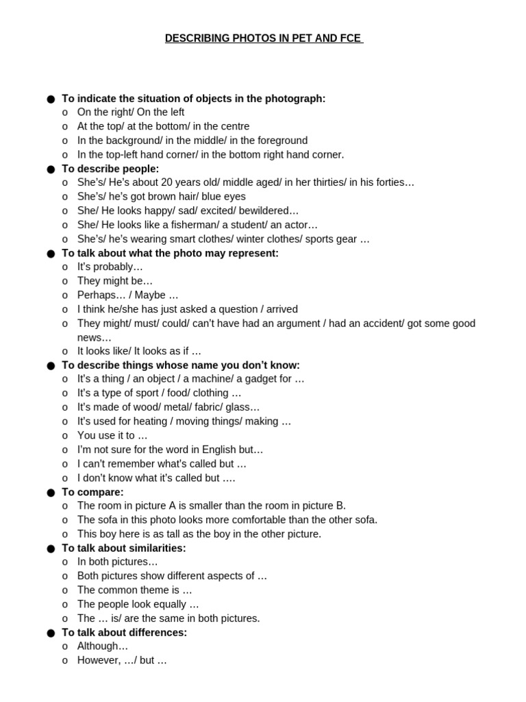 Useful Expressions For Describing Photos | PDF