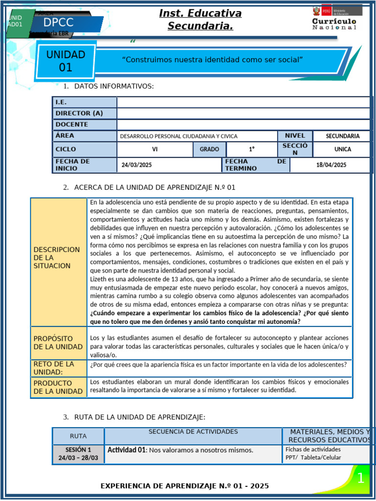 UNIDAD 1 (1° Grado) - DPCC | PDF | Aprendizaje | Adolescencia