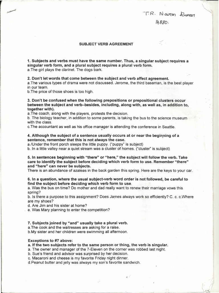 Subject Verb Aggrement | PDF | Grammatical Number | Subject (Grammar)