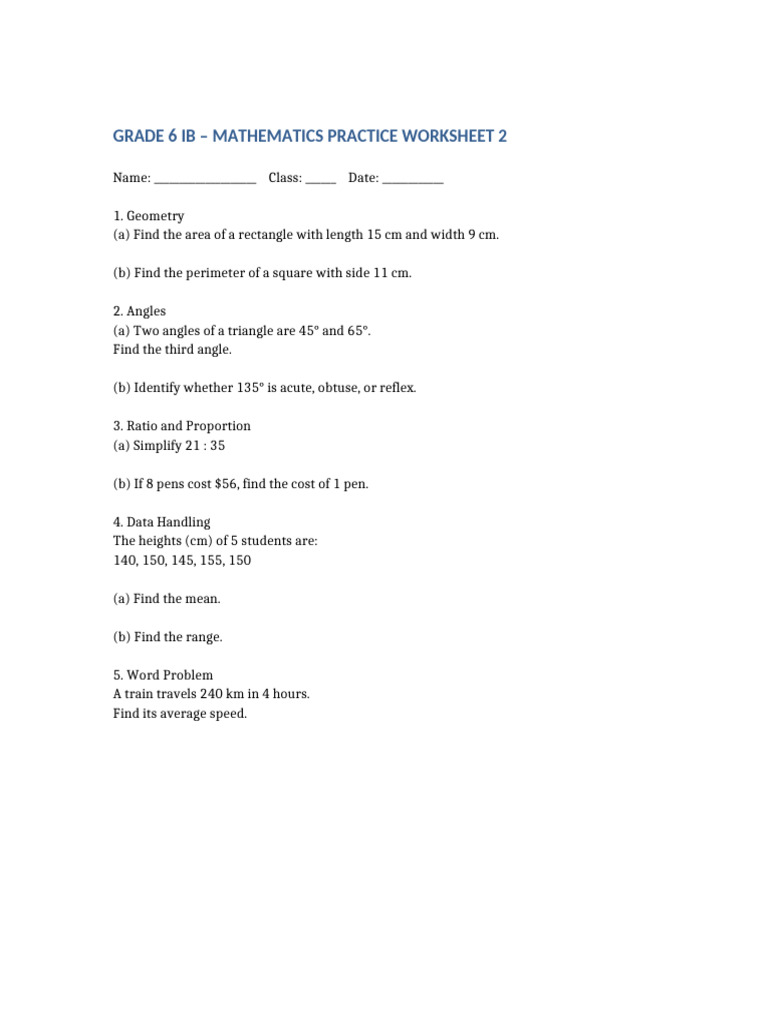 Grade 6 IB Worksheet 2 | PDF