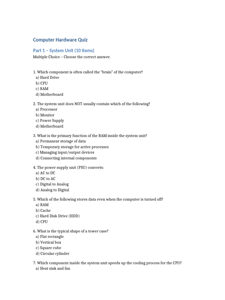 Computer Hardware Quiz | PDF | Usb | Hdmi
