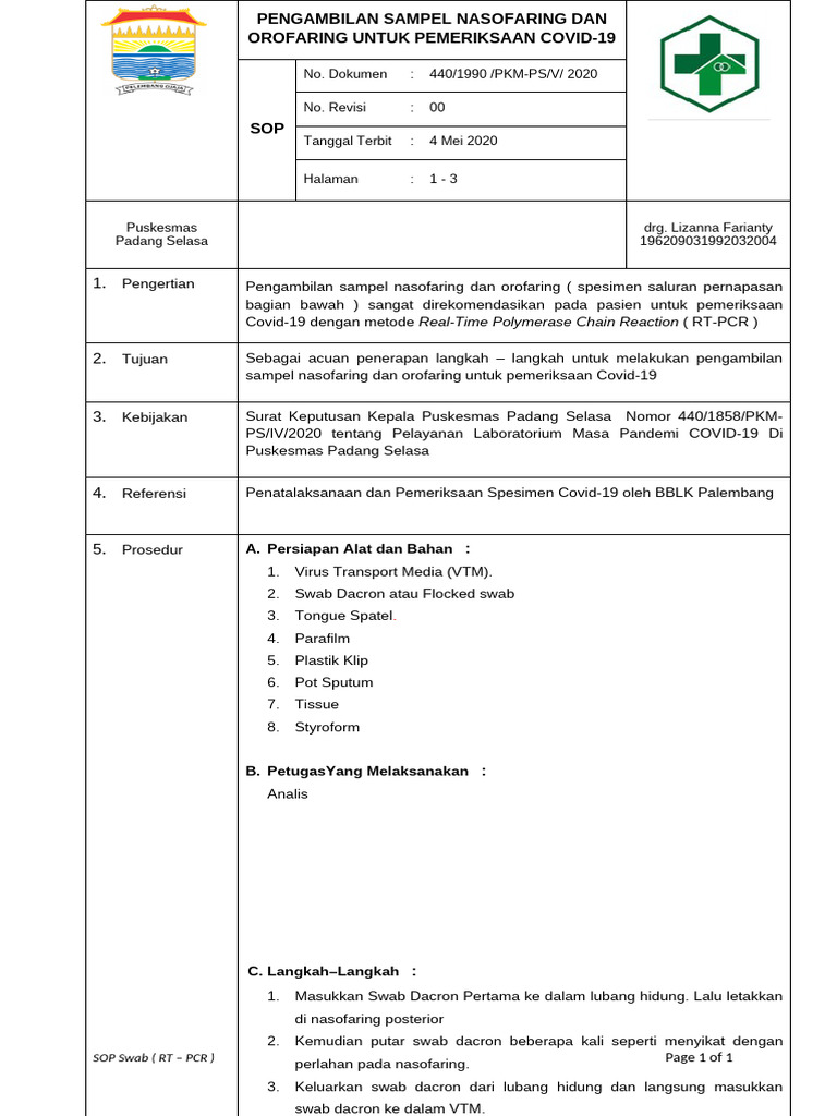 Sop Swab (RT - PCR) | PDF
