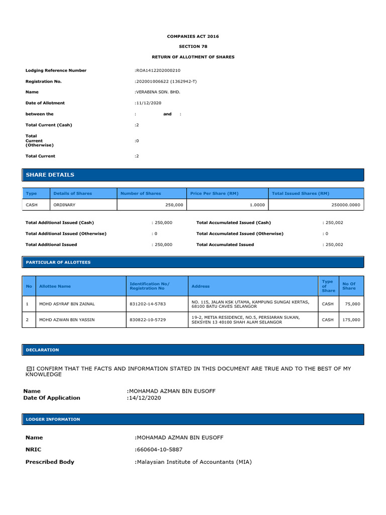 Verabina-Section 78-Allotment of Shares | PDF | Malaysia