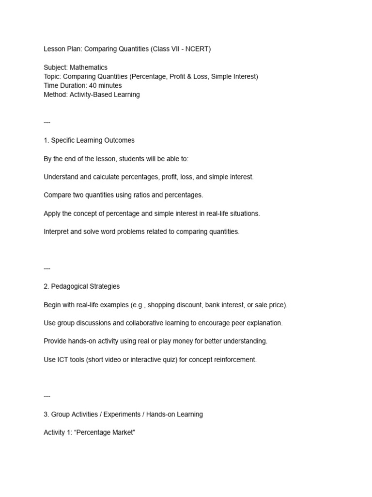 Lesson Plan - Comparing Quantities (Class VII - NCERT) | PDF | Interest ...