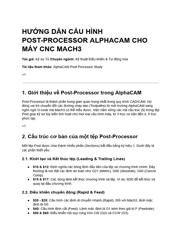 Hướng Dẫn Cấu Hình Post-processor Alphacam Cho Máy Cnc Mach3 | PDF