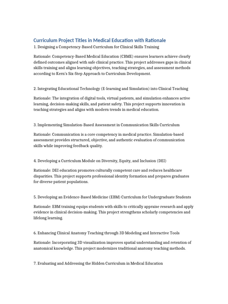 Curriculum Project Titles in Medical Education | PDF | Medical ...