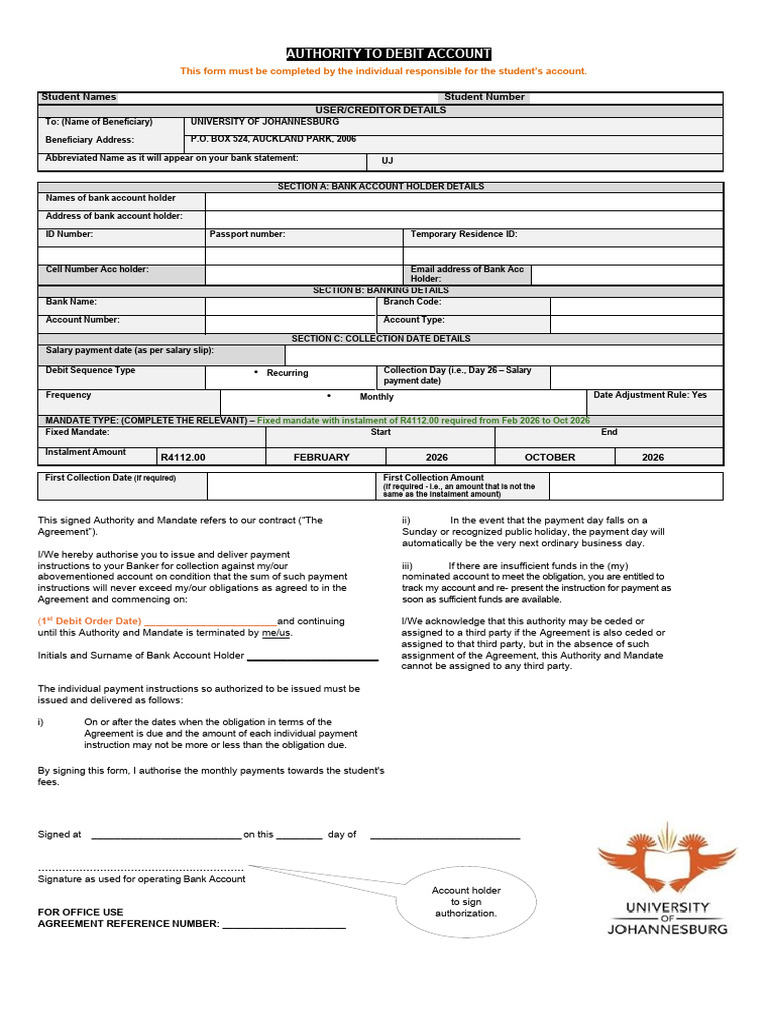 2026 Fillable Debit Order | PDF | Banks | Payments