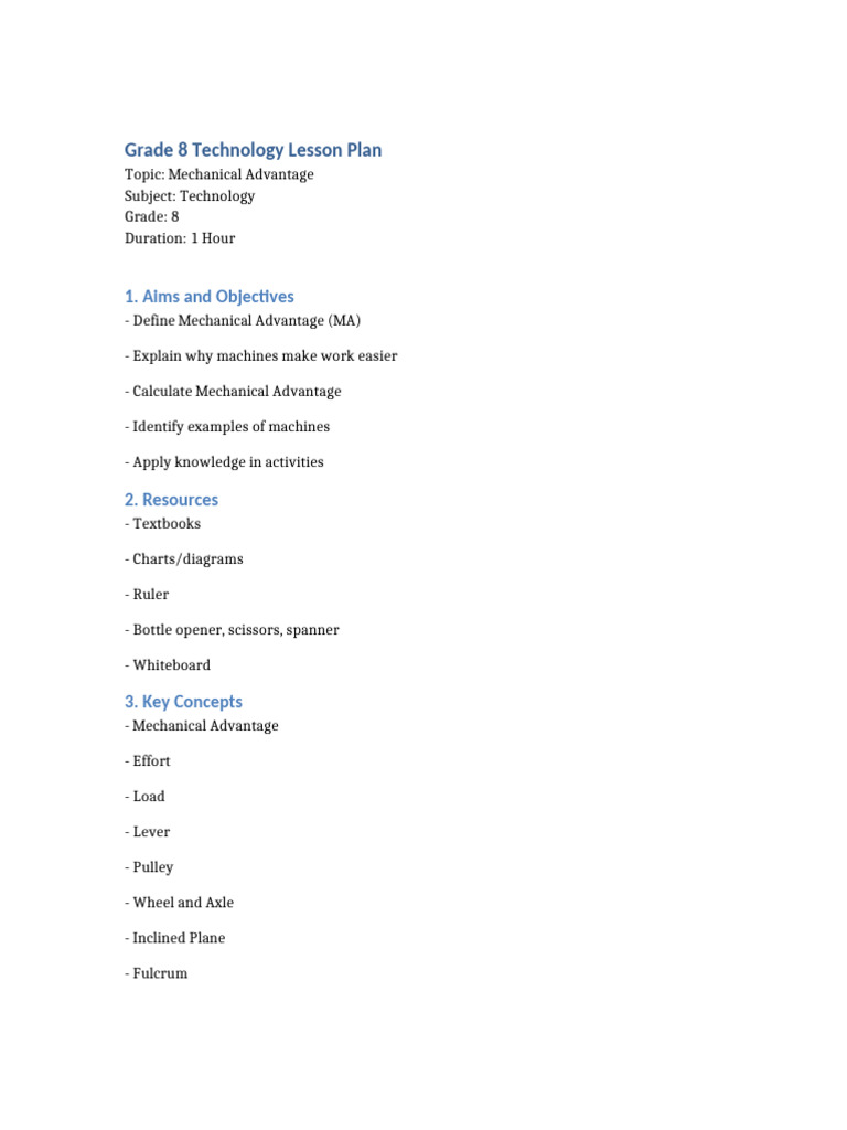 Grade 8 Mechanical Advantage Lesson Plan | PDF