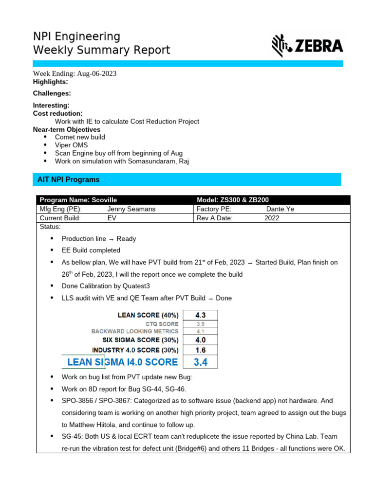 NPI Engineering Weekly Summary Report -06th-Aug | PDF | Business