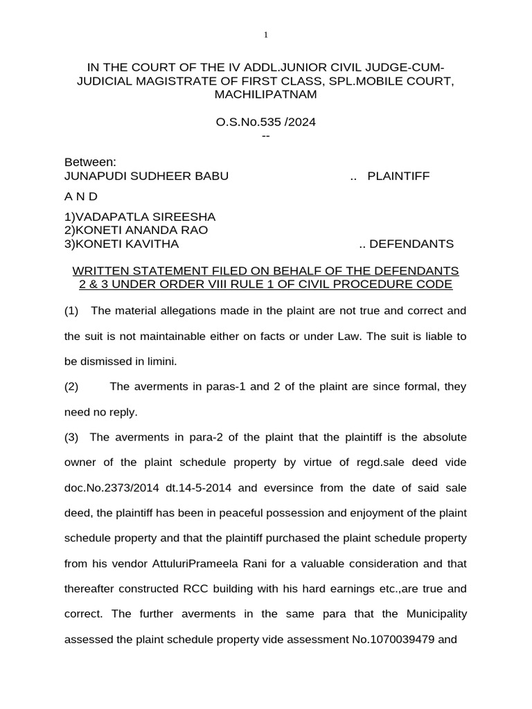 K.rao Written Statement1) | PDF | Lawsuit | Common Law