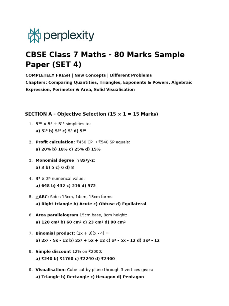 CBSE Class 7 Maths - 80 Marks Sample Paper (SET | PDF | Area | Triangle