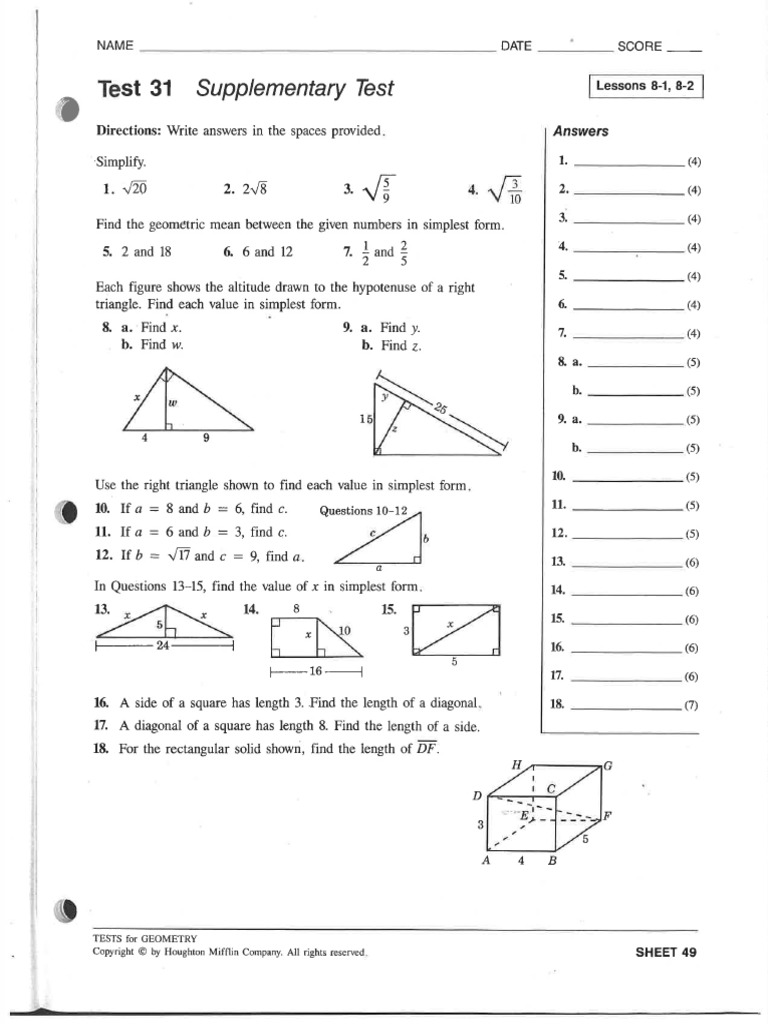 Honors Geometry Practice Tests and Key Ch.8 | PDF